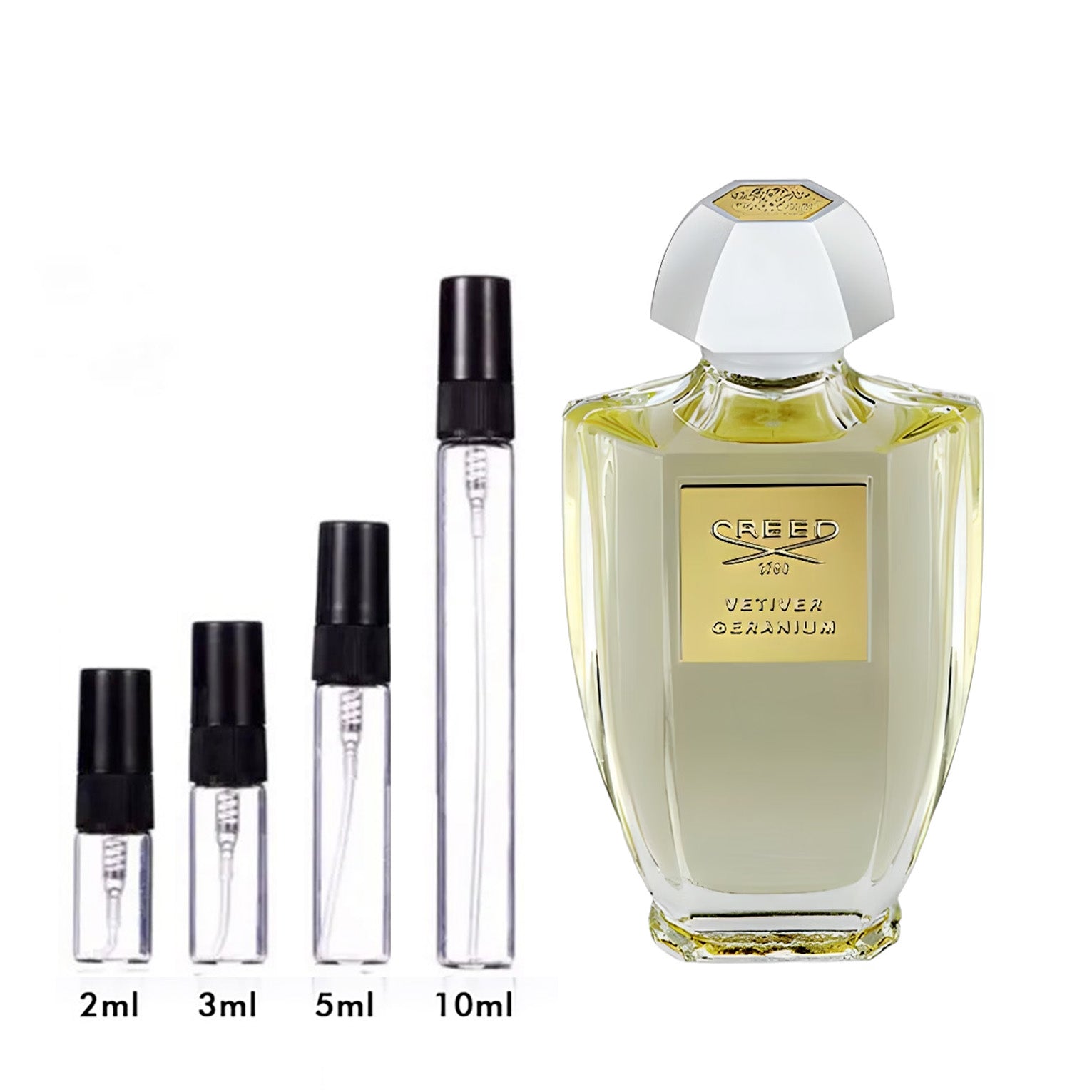 Parfum Vetiver Geranium Creed — flacon et échantillons