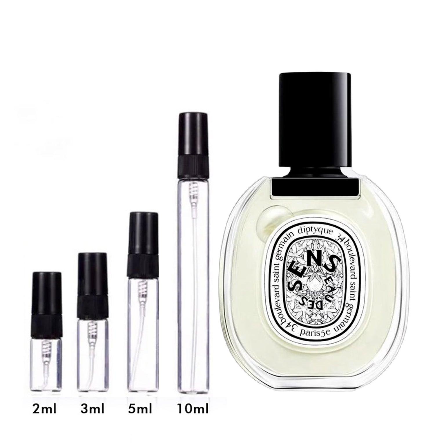 Parfum Eau des Sens Diptyque — flacon et échantillons