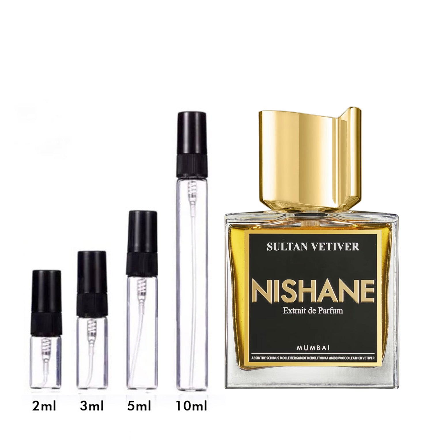Parfum Sultan Vetiver Nishane — flacon et échantillons