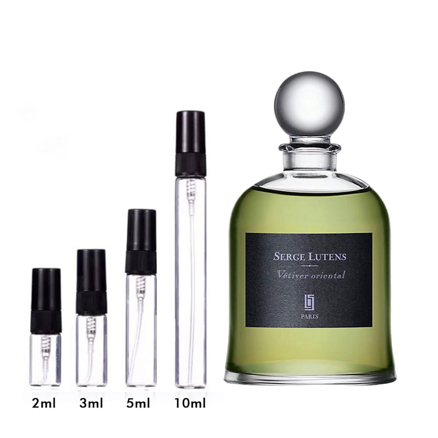 Parfum Vétiver Oriental Serge Lutens — flacon et échantillons