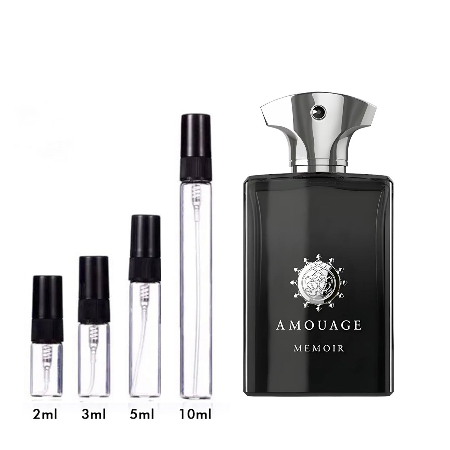 Parfum Memoir Man Amouage — flacon et échantillons