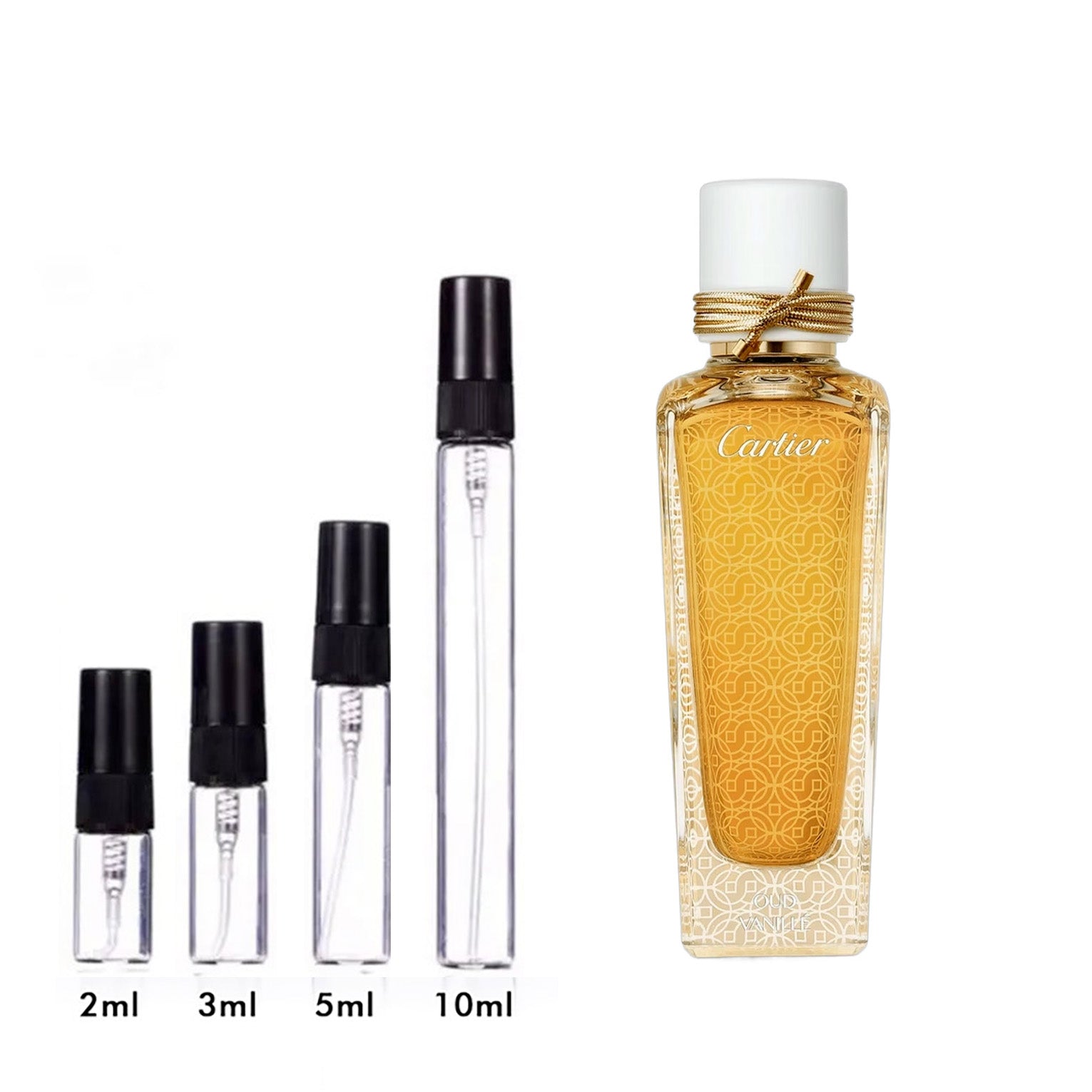 Parfum Oud & Vanillé Cartier — flacon et échantillons